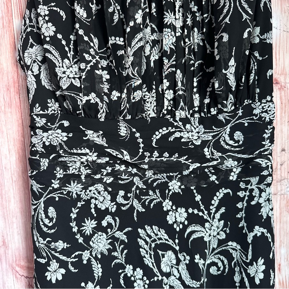 Studio 1940 Black Ruched Tie Waist White Floral Print Maxi Dress Size 14 - Picture 4 of 10